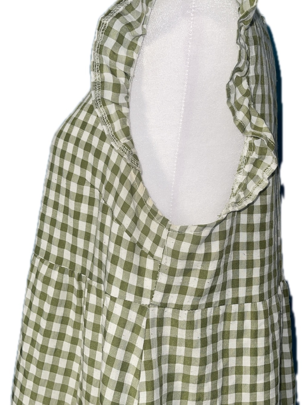 Olive Green and White Gingham Tiered Dress - Picture 6 of 6